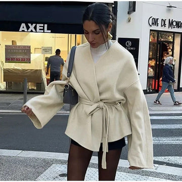 Beige Wrap Belted Coat with Long Sleeves for Women - Iride