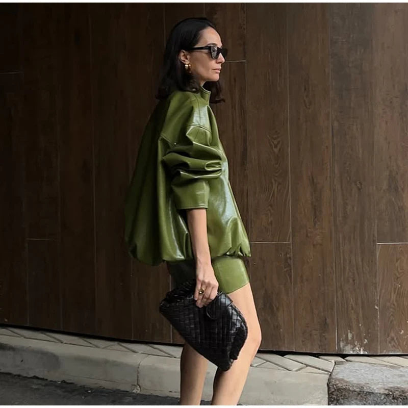 Women's Zip Up Leather Jacket | High Neck