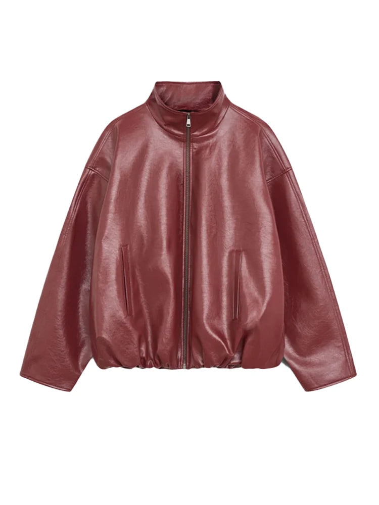 Women's Zip Up Leather Jacket | High Neck